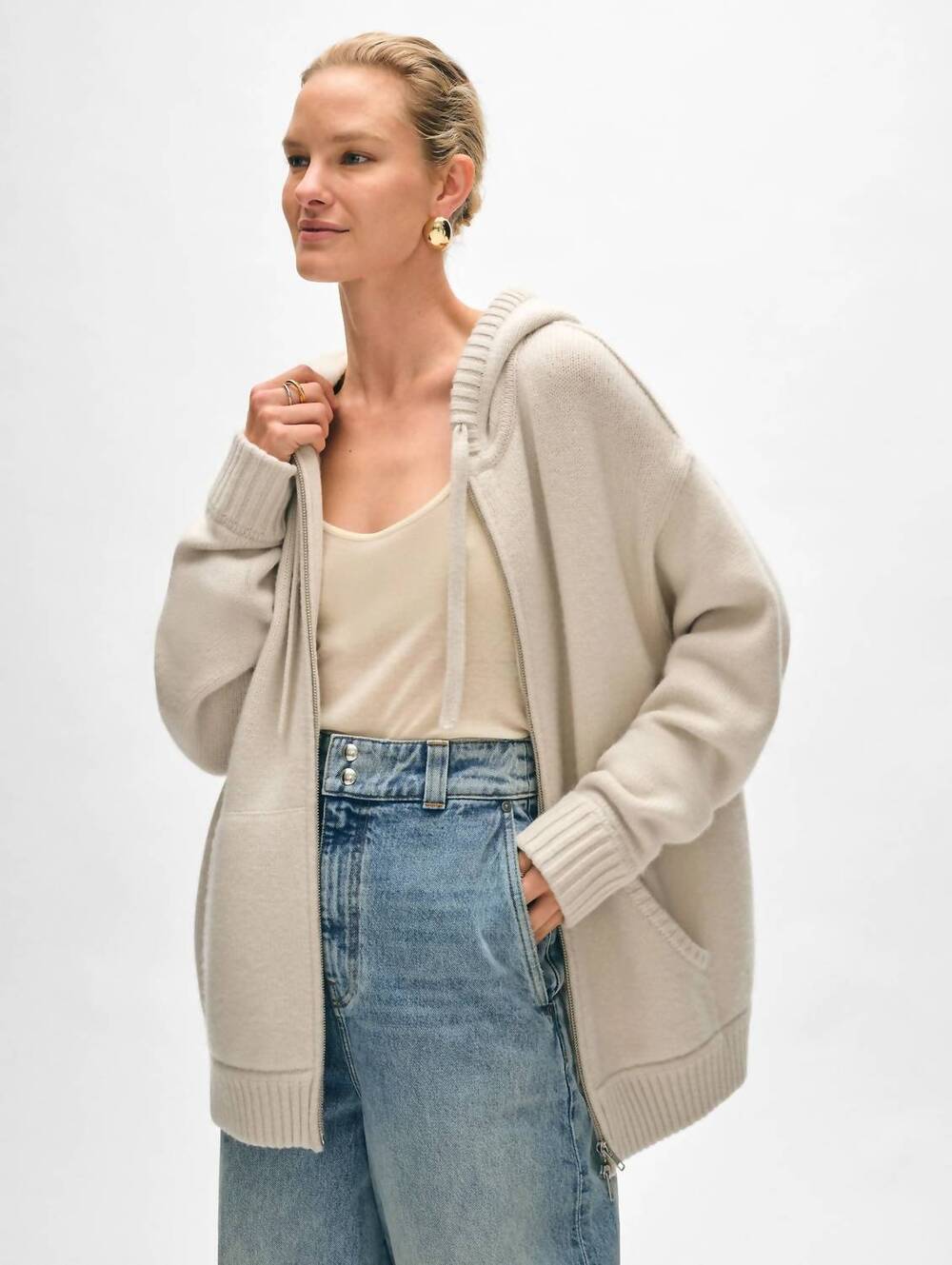 NEW WHITE + WARREN cashmere blend luxe double zip hoodie in ivory